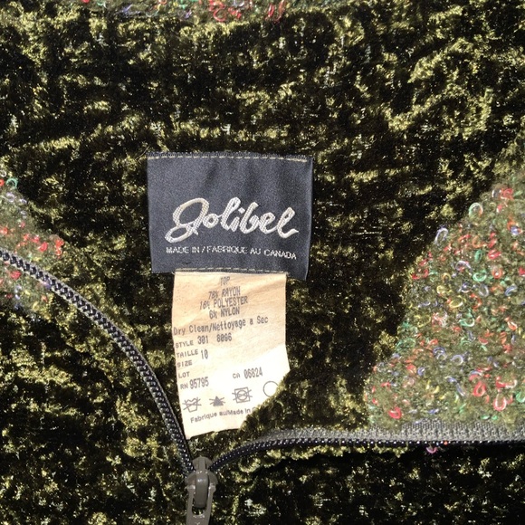 vintage jolibel green velvet zip jacket size 10 made in canada colourful texture - Picture 3 of 7